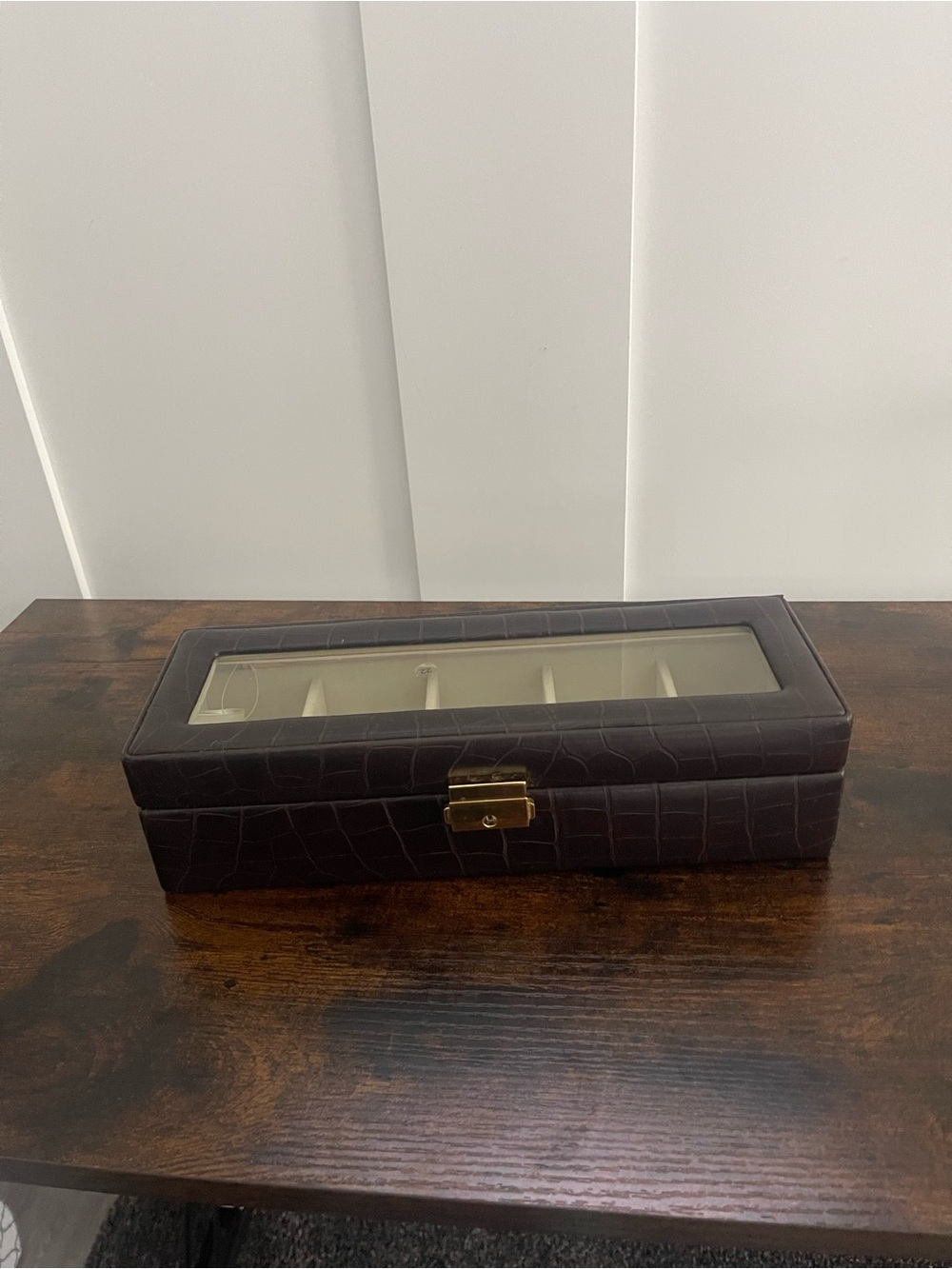 Leather-Look Dark Brown Watch Storage Case with Glass Top